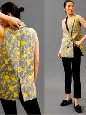 Hutch Yellow Floral Plaid Double-Breasted Vest